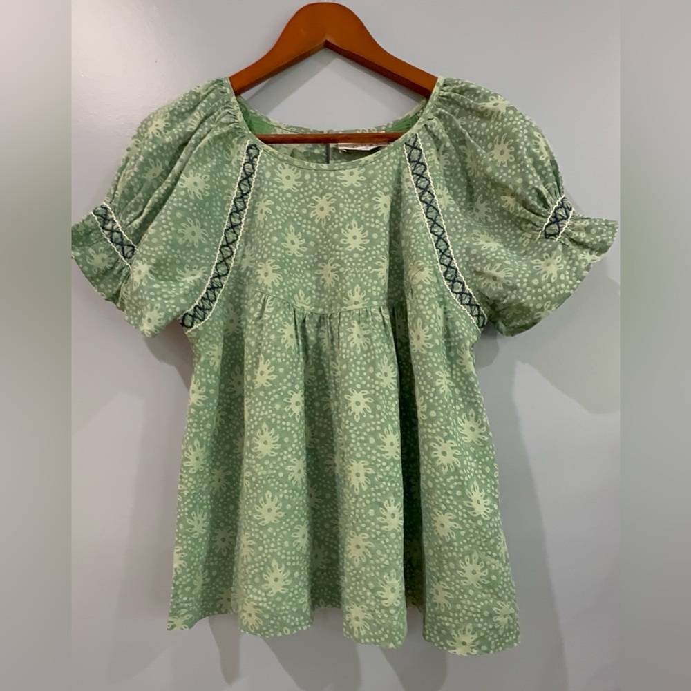 Kopal by Anthropologie Green Floral Women's Short Sleeve Top Size Small
